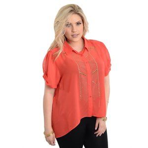 Lamjya Ladies Sheer Button Shirt Embellished Hi-Lo Hem Coral Plus Size 1X  NWT